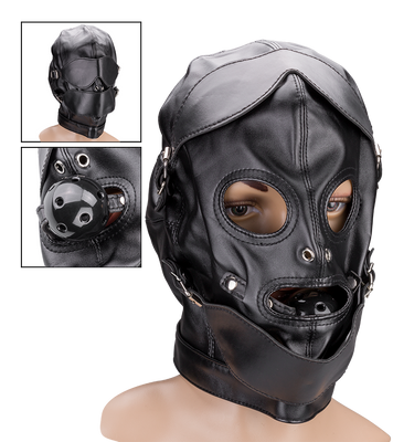 BDSM hood with ball gag and mouth/eye patches