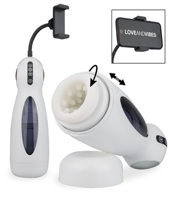 Icicle rotating and thrusting masturbator with phone holder