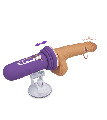 Mini sex machine with thrusting suction cup dildo